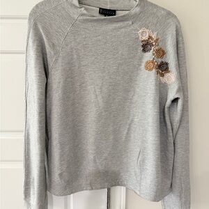 Bobeau Gray Sweatshirt with Embroidered Flowers Size M Mock Neck